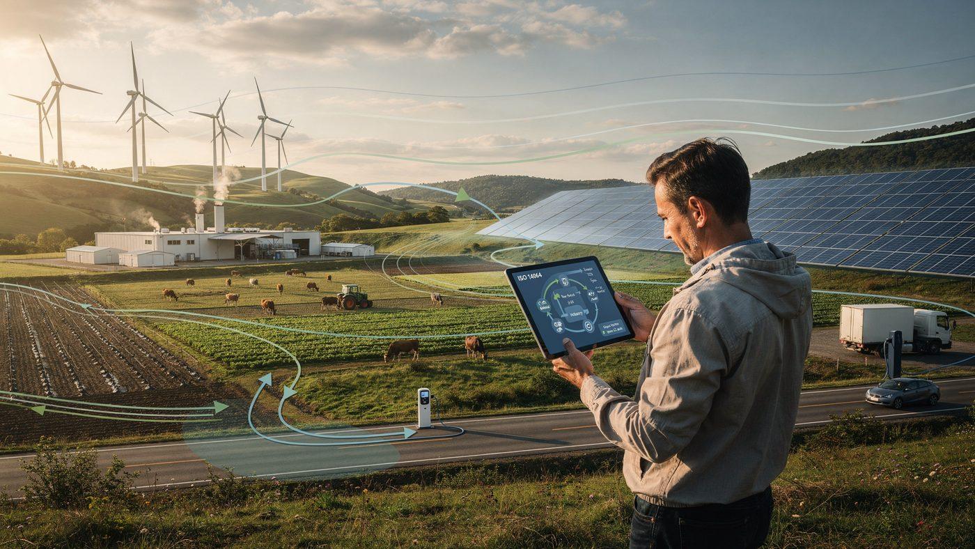 A verifier reviewing an ISO 14064 process diagram on a tablet beside a farm, factory and solar field