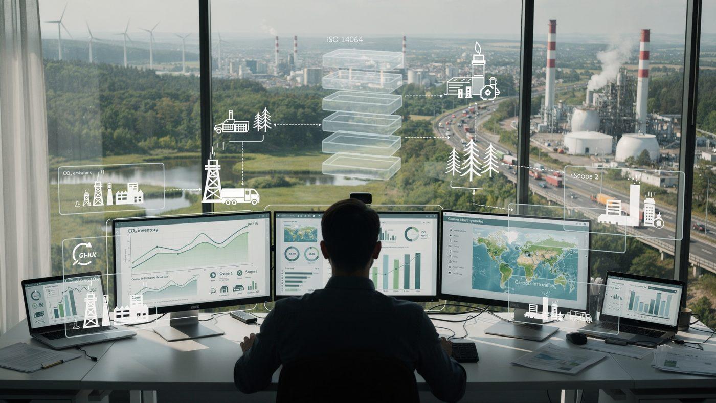 An analyst at three monitors showing GHG inventory dashboards, overlooking an industrial site