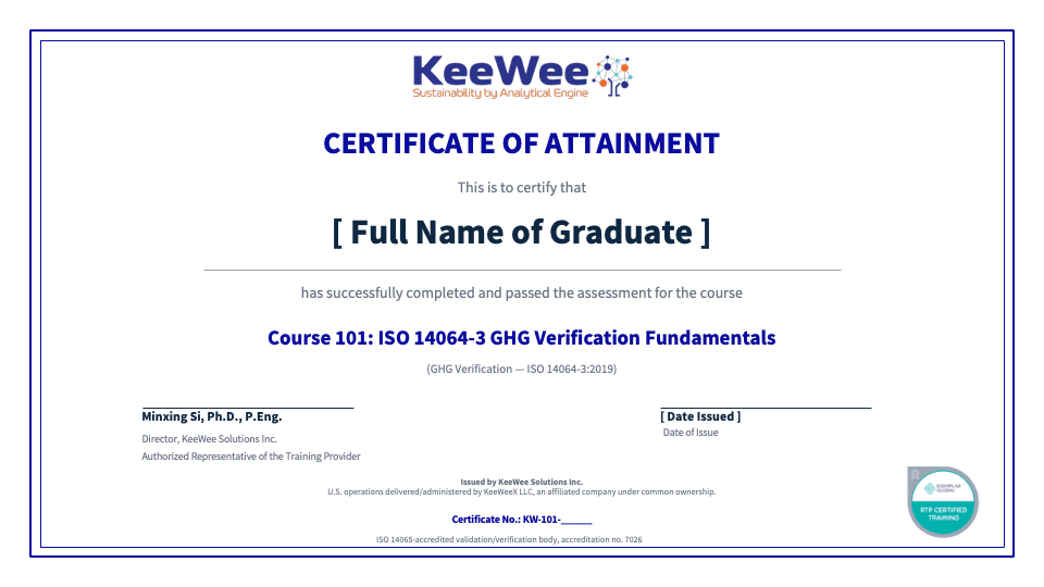 Sample KeeWee Solutions Inc. Certificate of Attainment for Course 101: ISO 14064-3 GHG Verification Fundamentals, with the Exemplar Global RTP Certified Training badge